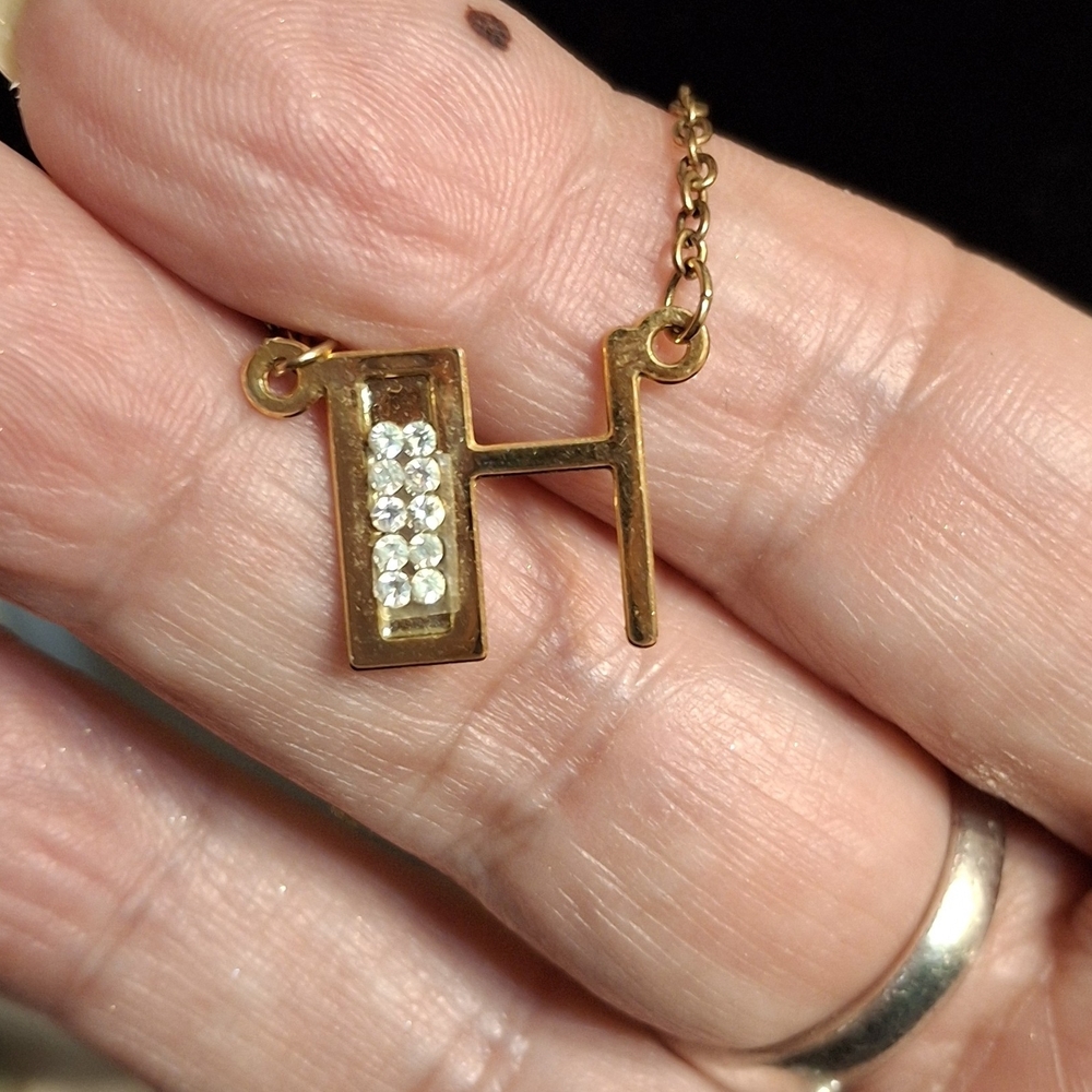 Gold Initial H Necklace With Rhinestones 15"